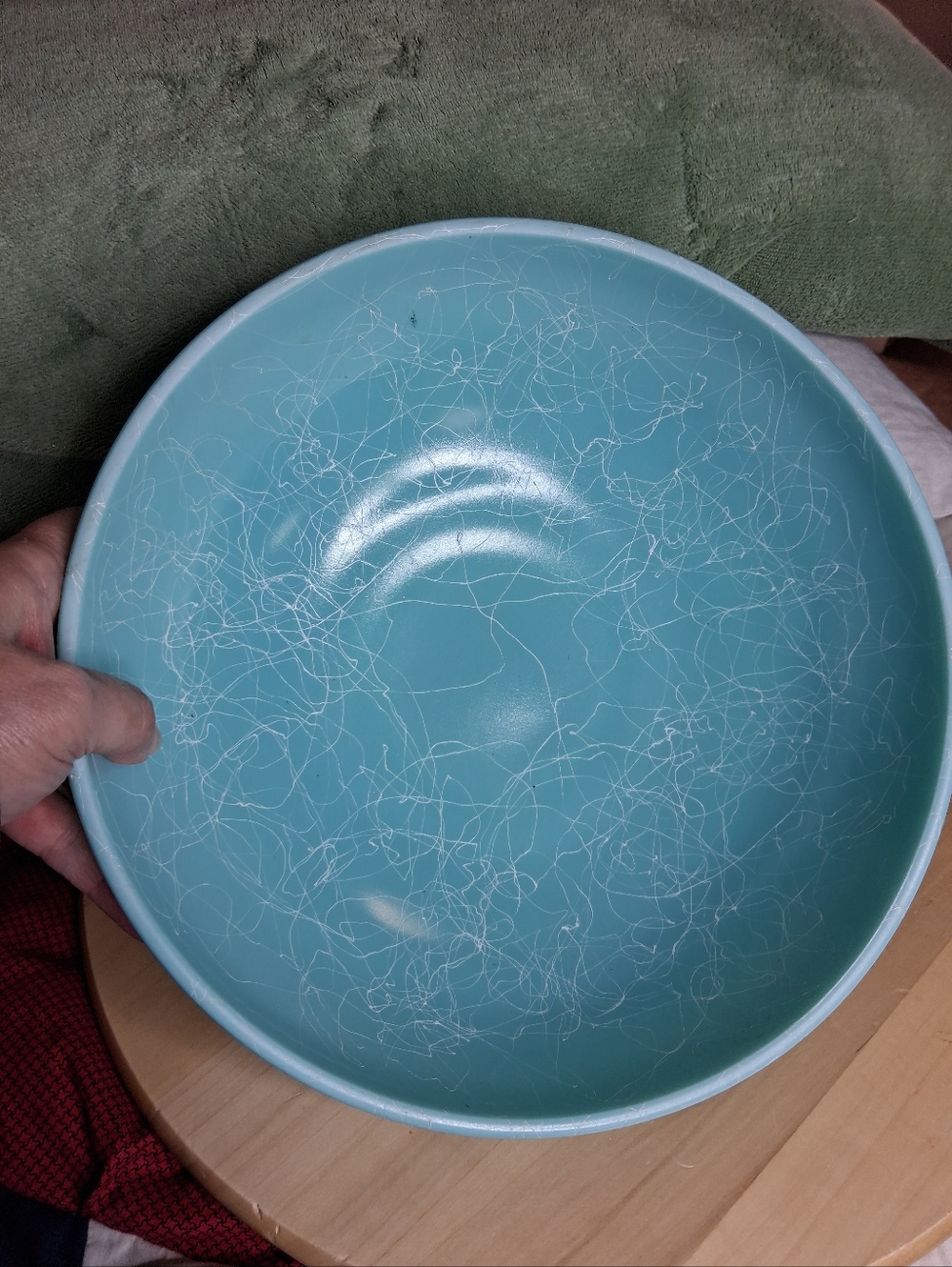 Vintage Hazel Atlas Drizzle Spaghetti String Aqua Blue Mixing Bowl Glossy Finish